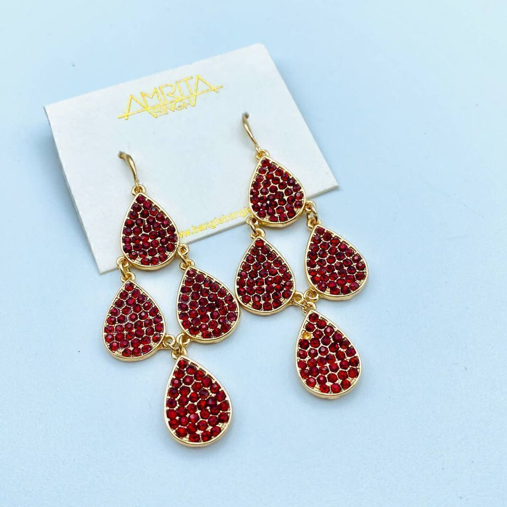Amrita Singh Red Austrian Crystal Gold Drop Earrings